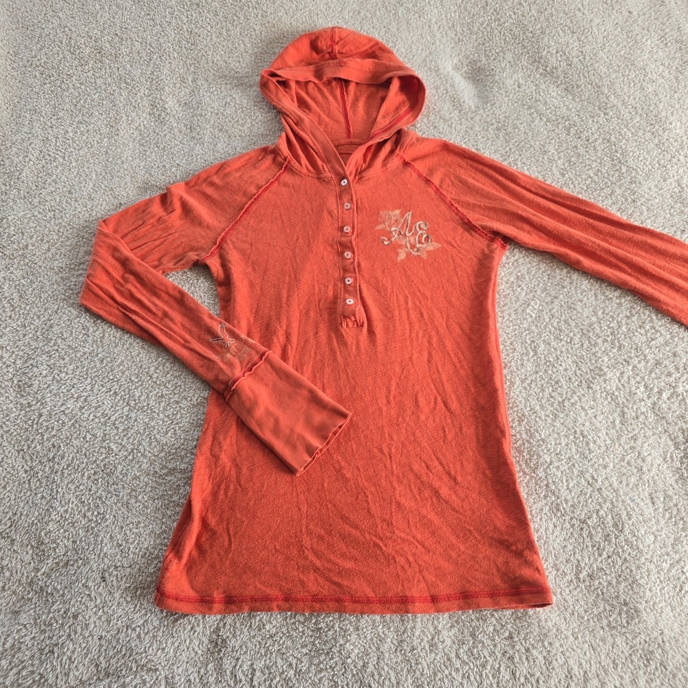 American Eagle Y2K Henley Hoodie Embroidered Logo Orange Juniors Size L